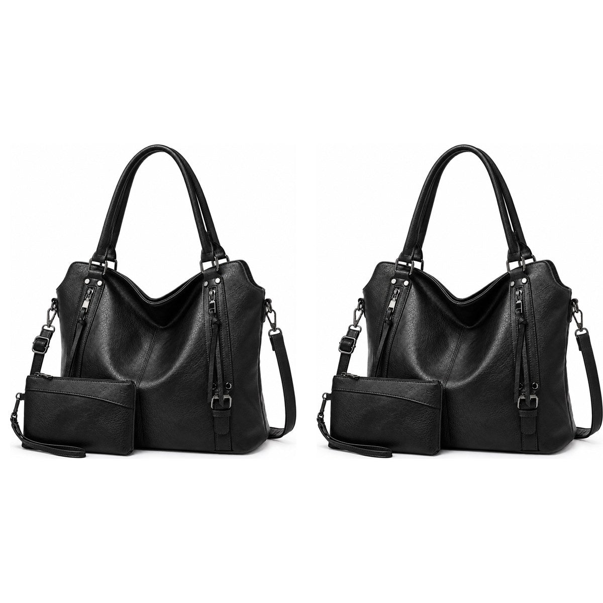 Kit com 2 bolsas tote pretas, cada uma com a sua carteira