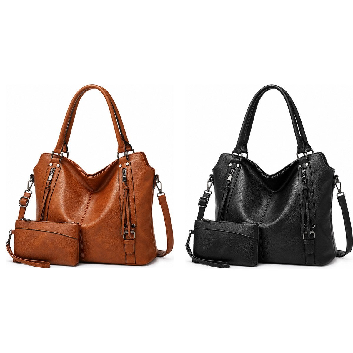 Kit com 2 bolsas tote, uma caramelo e uma preta, cada uma com a sua carteira