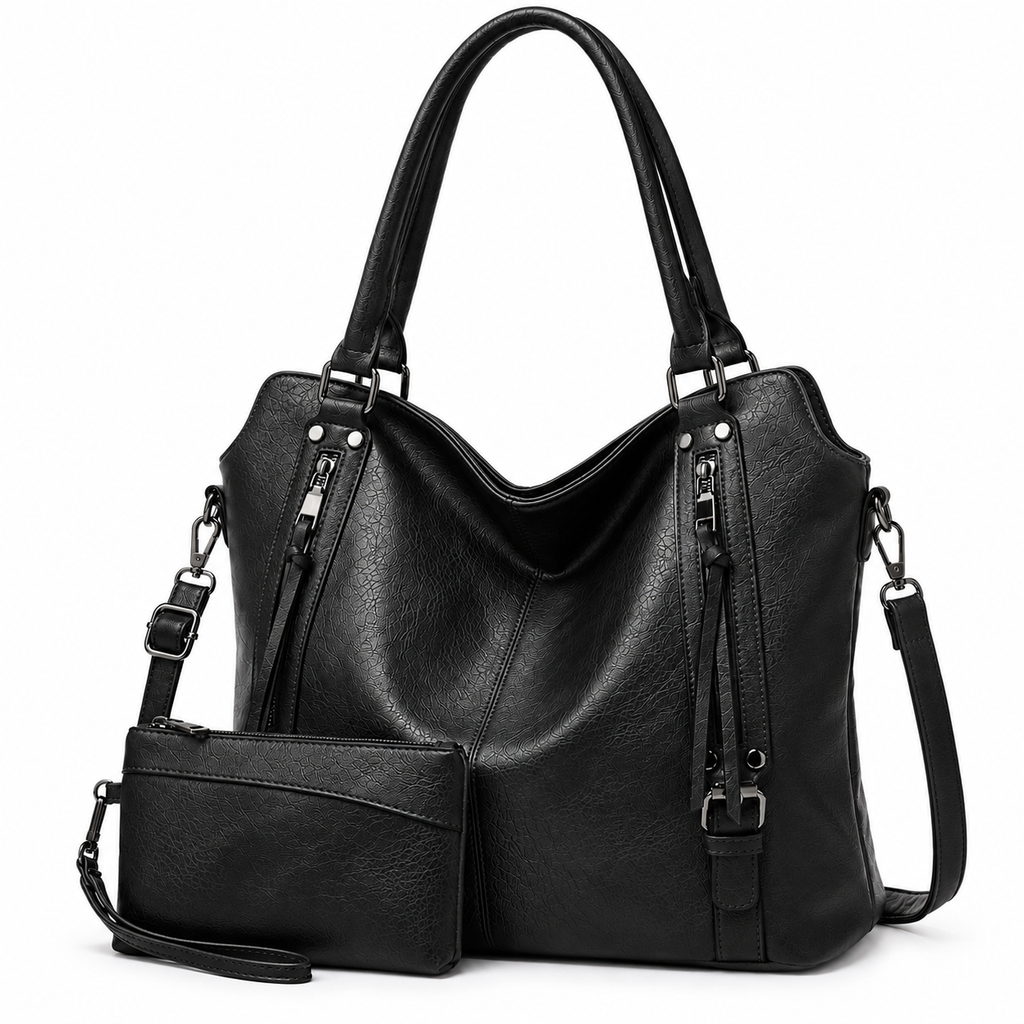 Bolsa tote bag feminina preta de couro sintético com a carteira que acompanha