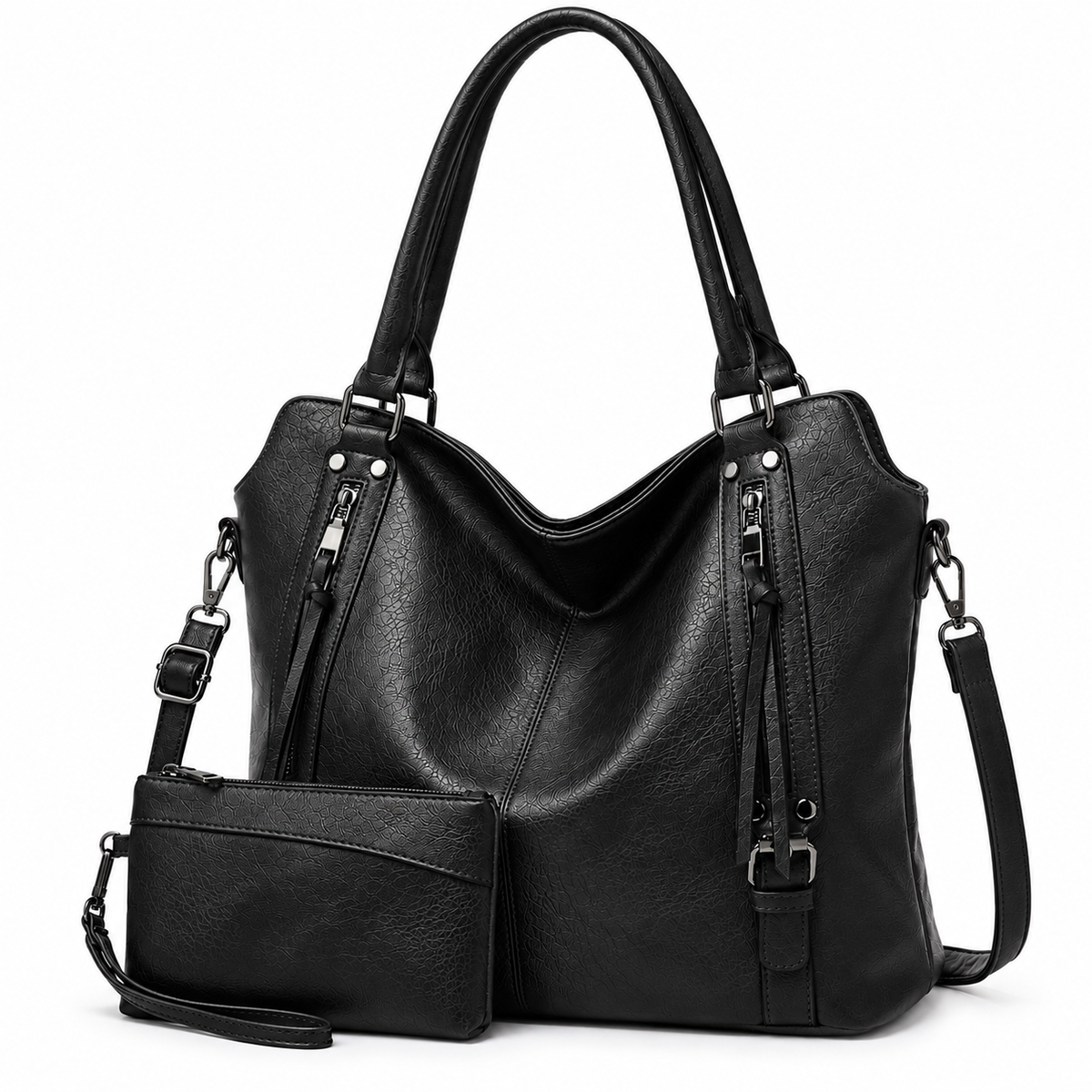 Bolsa tote bag feminina preta de couro sintético com a carteira que acompanha