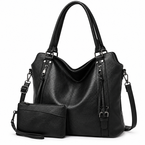 Bolsa tote bag feminina preta de couro sintético com a carteira que acompanha