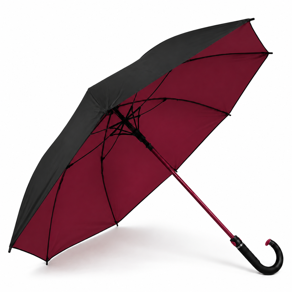 Guarda chuva grande de cabo curvo, preto por fora e vinho por dentro