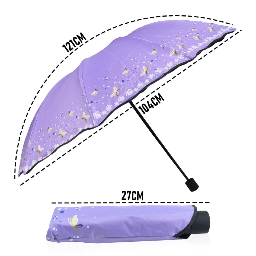 Medidas da Sombrinha Butterfly: 121 cm de arco, 104 cm de diâmetro e 27 cm fechada