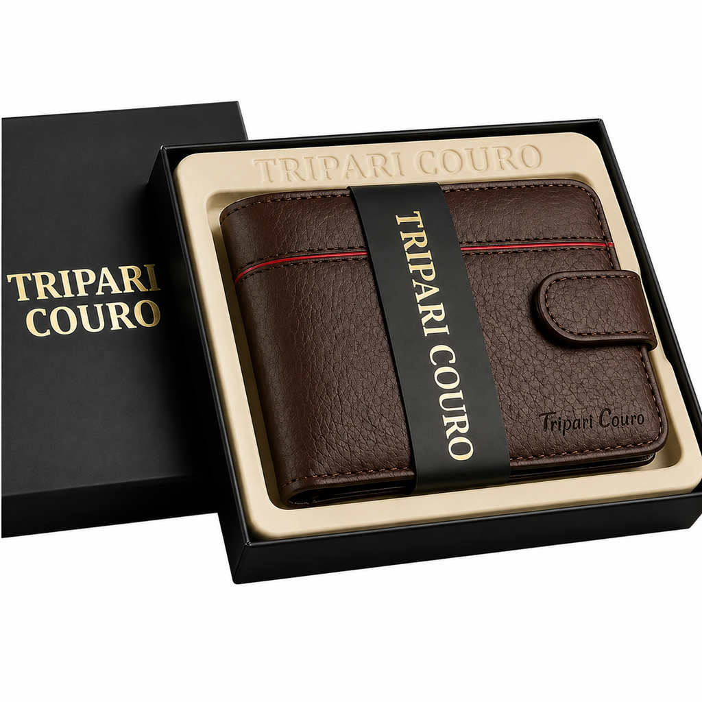 Carteira masculina de couro legítimo marrom dentro da caixa de presente Tripari Couro