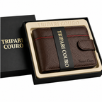 Carteira masculina de couro legítimo marrom dentro da caixa de presente Tripari Couro