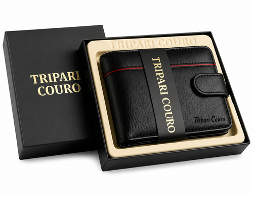 Carteira masculina de couro legítimo preta dentro da caixa de presente Tripari Couro