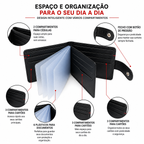 Infográfico da carteira preta: 2 compartimentos para cédulas, 3 compartimentos para cartões, 6 plásticos para documentos e fecho com botão de pressão