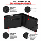 Infográfico dos detalhes da carteira preta: porta-moedas com zíper, couro de alta qualidade, compartimentos para cartões e fecho com botão de pressão