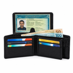 Carteira masculina de couro legítimo premium preta aberta com documento, cédulas e cartões