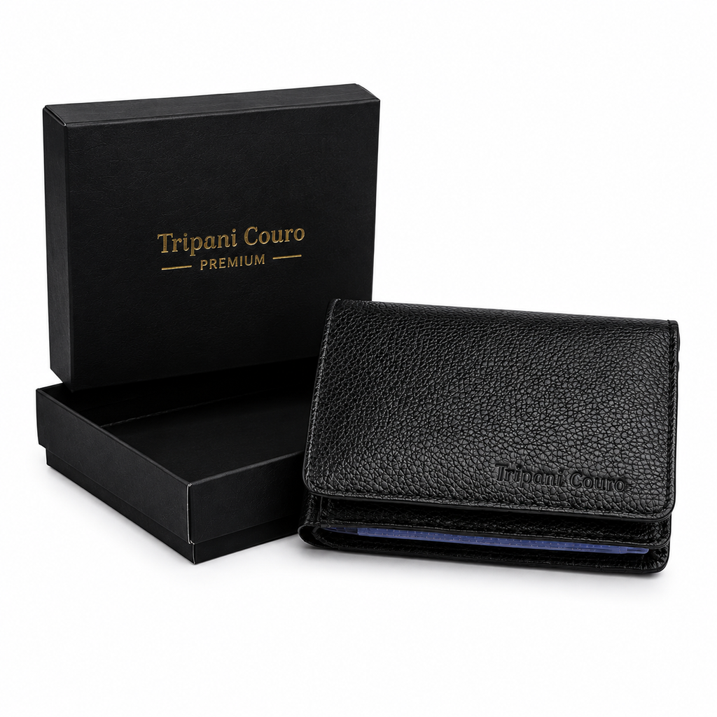 Carteira masculina de couro legítimo premium preta ao lado da caixa de presente Tripani Couro Premium