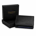 Carteira masculina de couro legítimo premium preta ao lado da caixa de presente Tripani Couro Premium