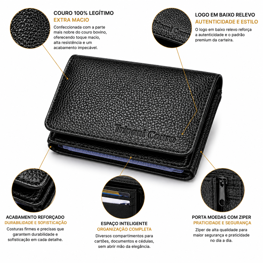 Detalhes da carteira masculina de couro legítimo premium preta: couro legítimo, logo em baixo relevo, acabamento reforçado, espaço para cartões e porta moedas com zíper