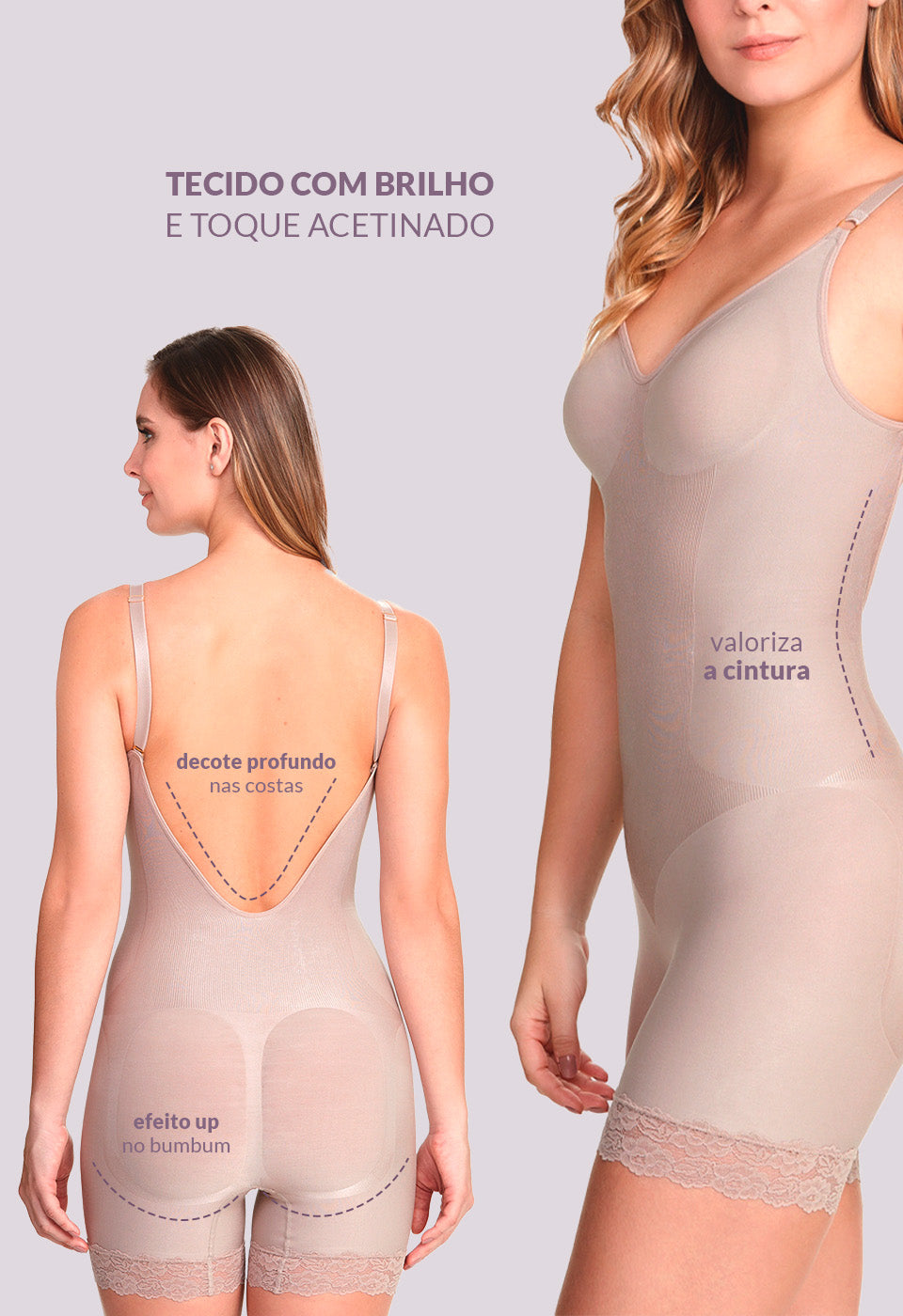 Body Modelador Macaquinho Decote Sem Bojo Com Renda Levanta Bumbum Blush