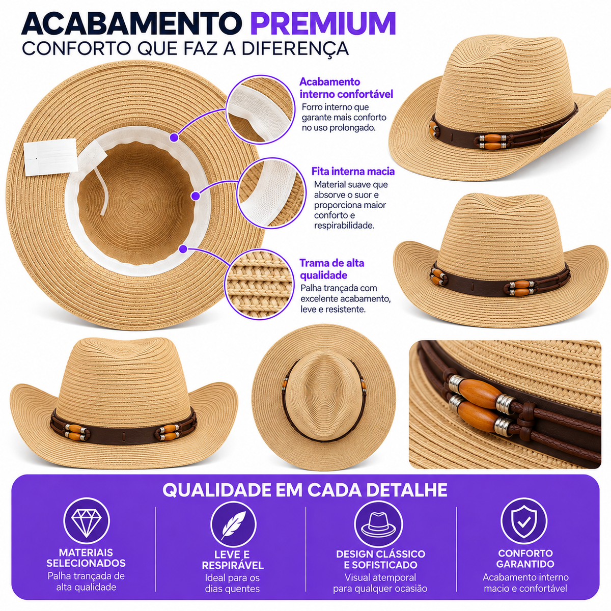 Arte do acabamento do chapéu country: acabamento interno confortável, fita interna macia e trama de alta qualidade