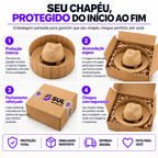 Arte da embalagem Sul Modas do chapéu country: proteção interna, acomodação na caixa, fechamento reforçado e entrega