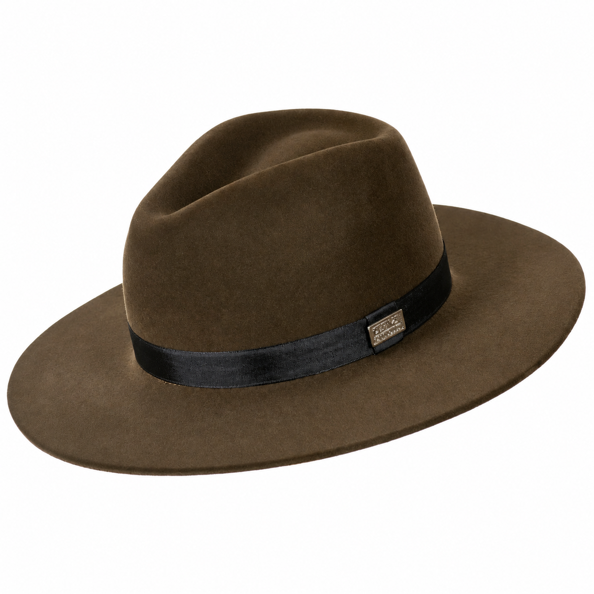 Chapéu Fedora de feltro aba dura ferrugem em três quartos, com plaqueta de metal na faixa