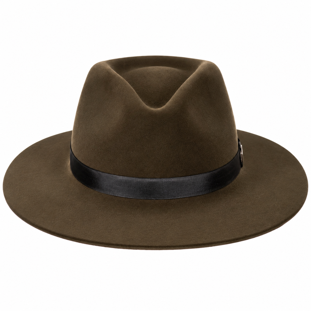 Chapéu Fedora de feltro aba dura ferrugem visto de frente, com faixa de cetim preta