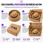 Arte da embalagem Sul Modas: caixa reforçada com encaixe que protege o chapéu no transporte