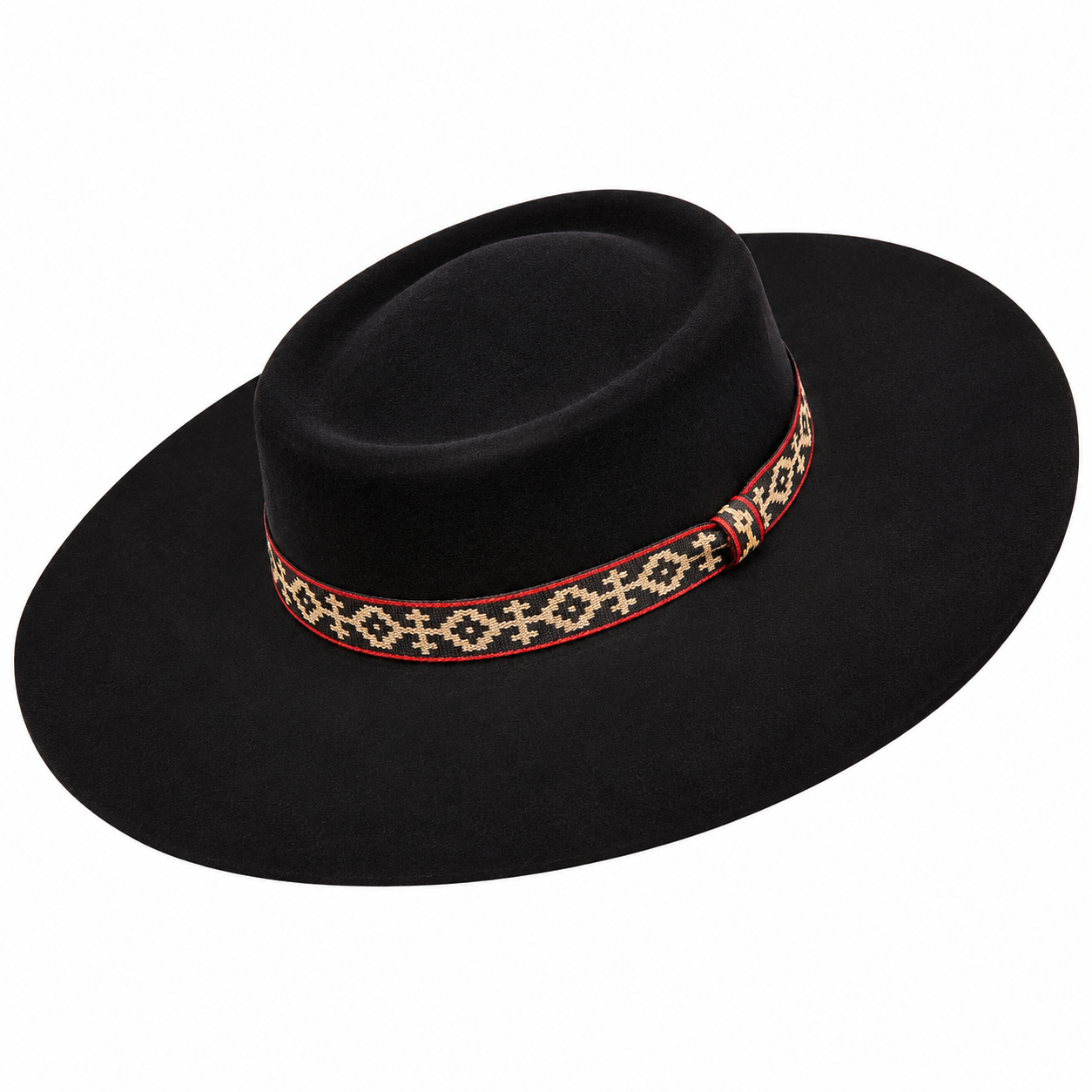 Chapéu gaúcho Macanudo preto de perfil, mostrando a copa baixa de topo achatado, a aba reta de 9 cm e a vincha em fita pampa