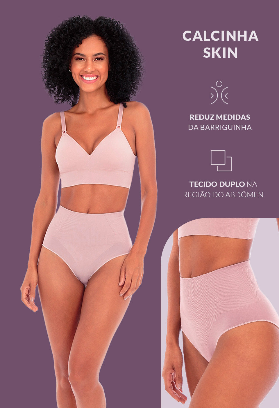Calcinha Modeladora Cintura Alta Com Barbatana Afina Cintura Blush