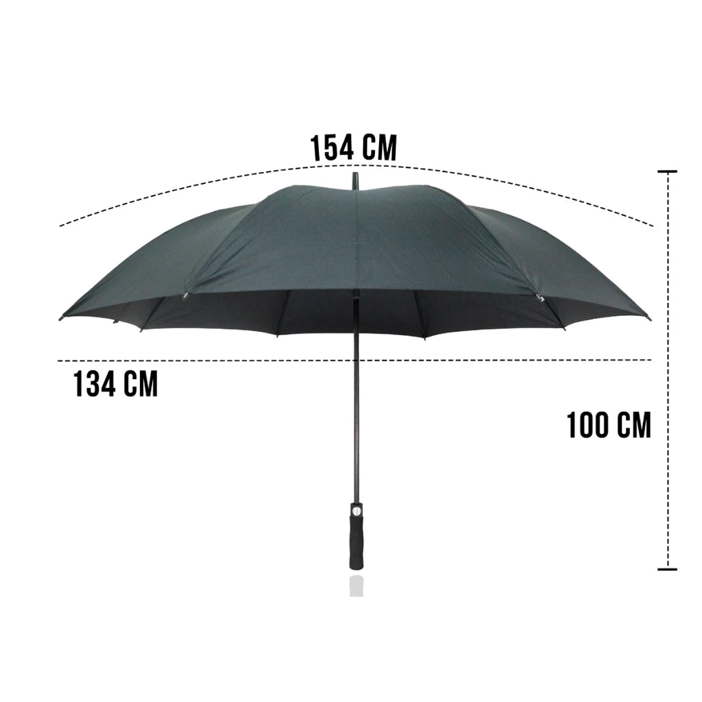Medidas do guarda chuva grande: 134 cm de diâmetro, 154 cm de arco e 100 cm de altura