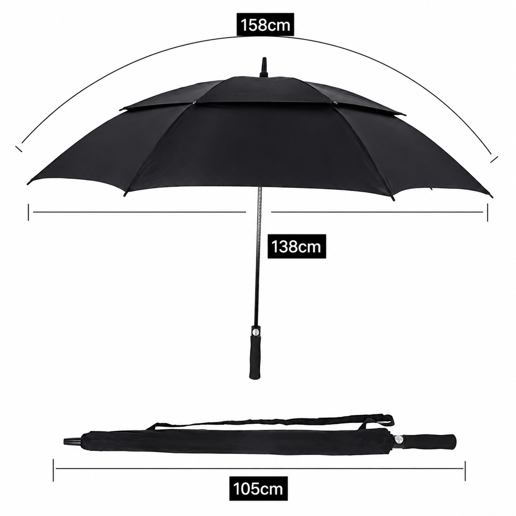 Medidas do guarda chuva de golfe: 158 cm de arco, 138 cm de cobertura e 105 cm fechado