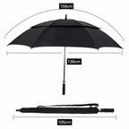 Medidas do guarda chuva de golfe: 158 cm de arco, 138 cm de cobertura e 105 cm fechado
