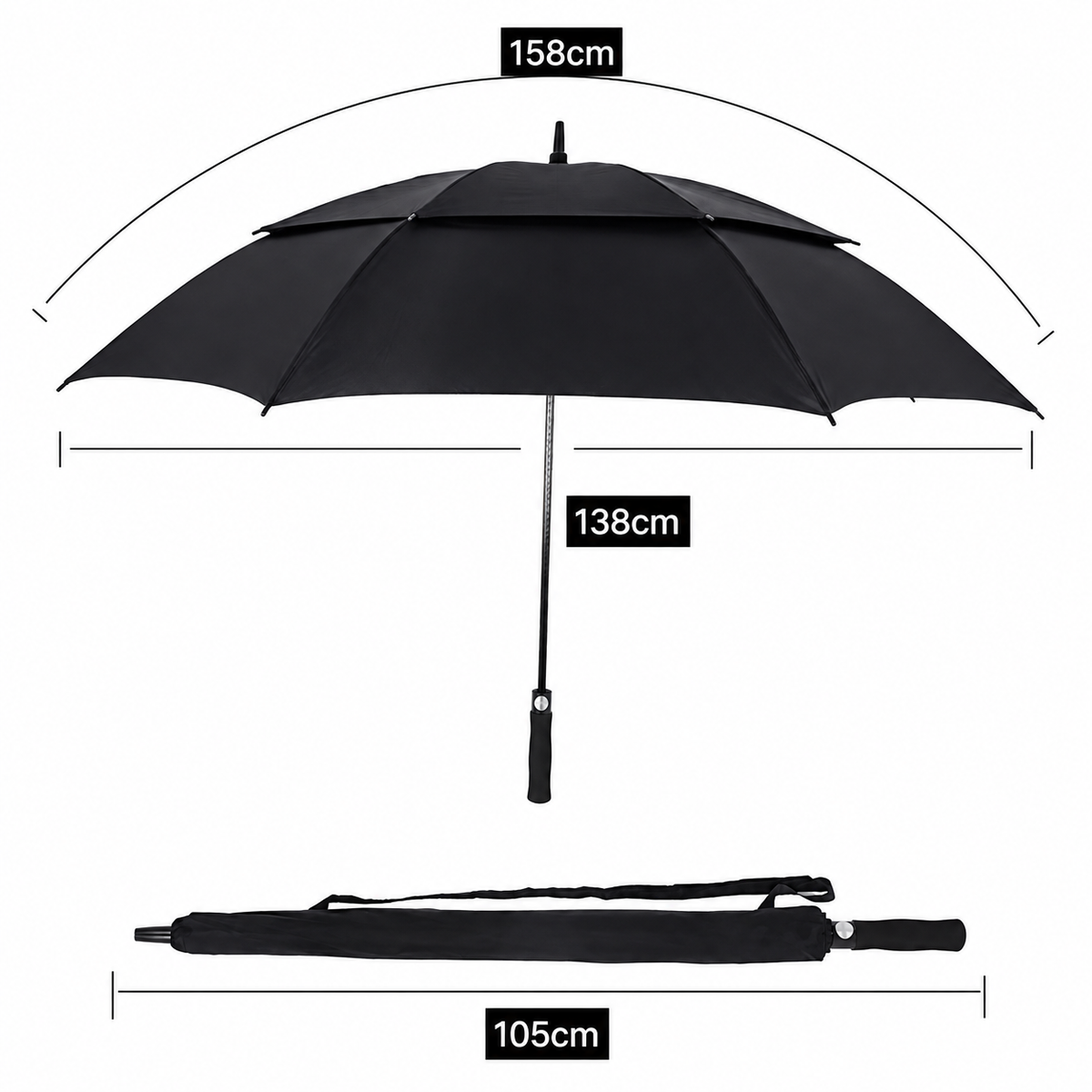Medidas do guarda chuva de golfe: 158 cm de arco, 138 cm de cobertura e 105 cm fechado