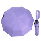 Guarda chuva automático com cabo mosquetão lilás, aberto e fechado