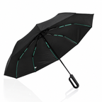Guarda chuva automático com cabo mosquetão preto, com hastes de detalhe verde, aberto