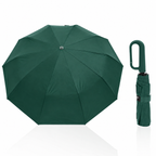 Guarda chuva automático com cabo mosquetão verde, aberto e fechado