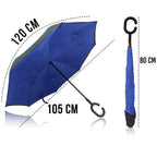 Medidas do guarda chuva invertido Nimbus: 120 cm de arco, 105 cm de diâmetro e 80 cm fechado