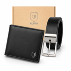 Kit carteira e cinto masculino preto de couro sintético com caixa de presente, fundo branco