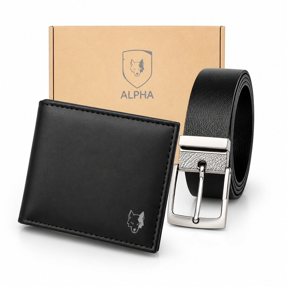Kit carteira e cinto masculino preto de couro sintético com caixa de presente, fundo branco