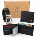Kit carteira e cinto masculino preto com carteira aberta mostrando porta-cartões, porta-moedas e visor