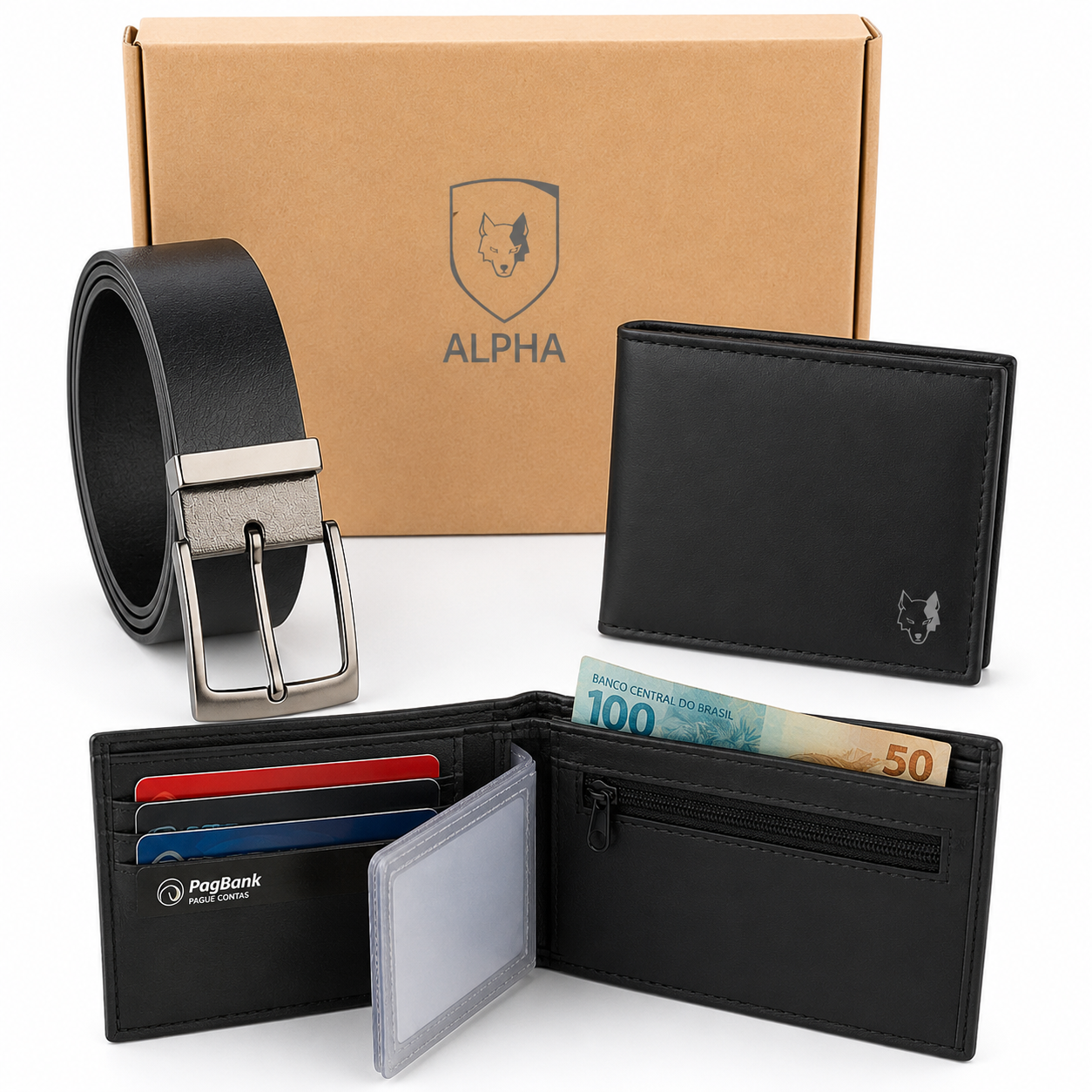 Kit carteira e cinto masculino preto com carteira aberta mostrando porta-cartões, porta-moedas e visor