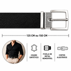 Especificações do kit: couro sintético, cinto 125 ou 150 cm, fivela removível e ajustável