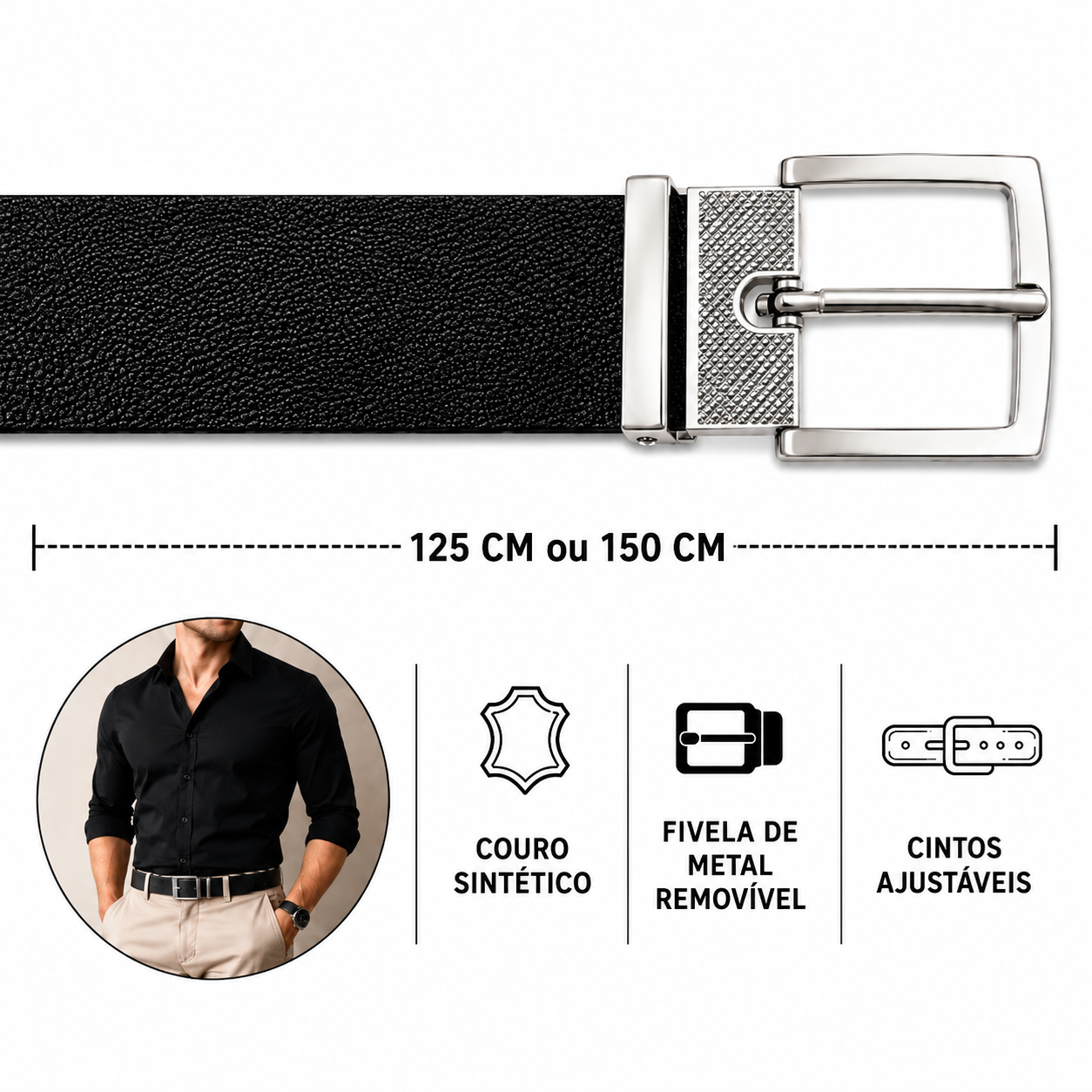 Especificações do kit: couro sintético, cinto 125 ou 150 cm, fivela removível e ajustável