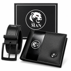 Kit cinto e carteira masculino preto com caixa de presente, em fundo branco
