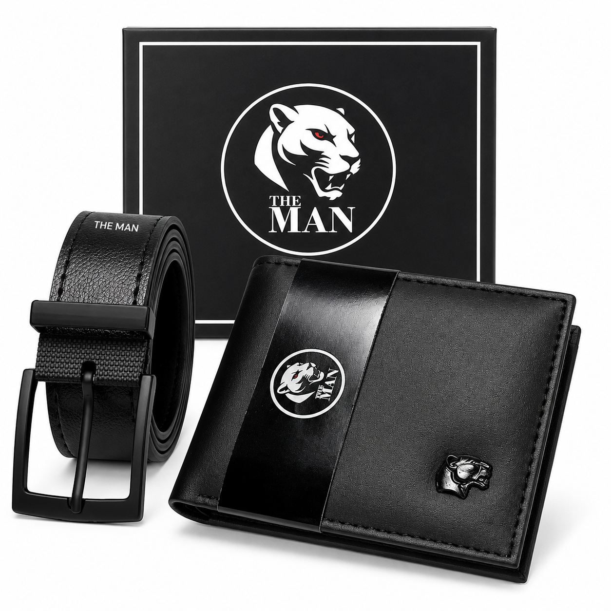 Kit cinto e carteira masculino preto com caixa de presente, em fundo branco