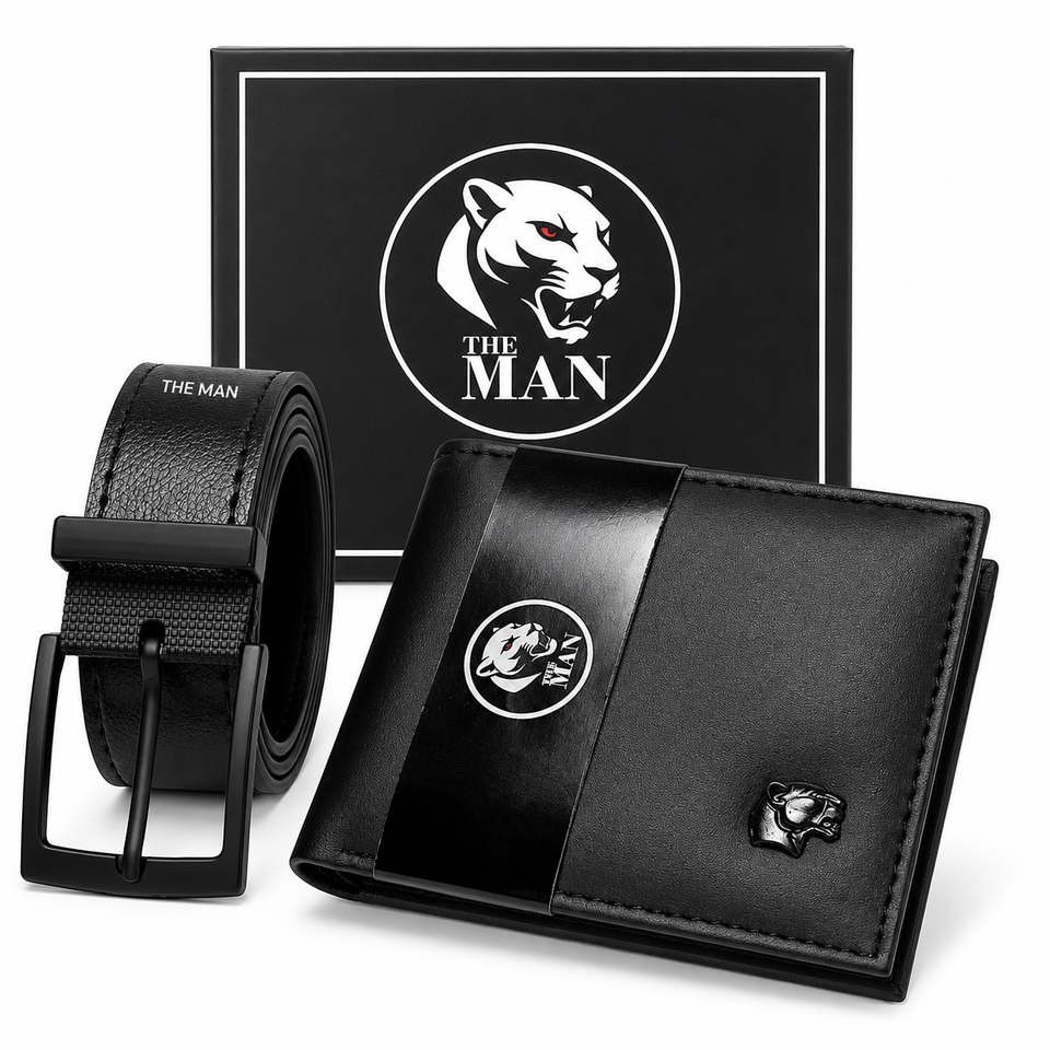 Kit cinto e carteira masculino preto com caixa de presente, em fundo branco