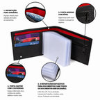 Recursos da carteira: repartição para dinheiro, porta-moedas com zíper, 4 repartições para documentos e porta-cartões com 3 divisórias