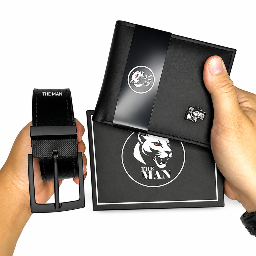 Kit cinto e carteira masculino preto com cinto de fivela preta e caixa de presente