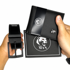 Kit cinto e carteira masculino preto com cinto de fivela preta e caixa de presente