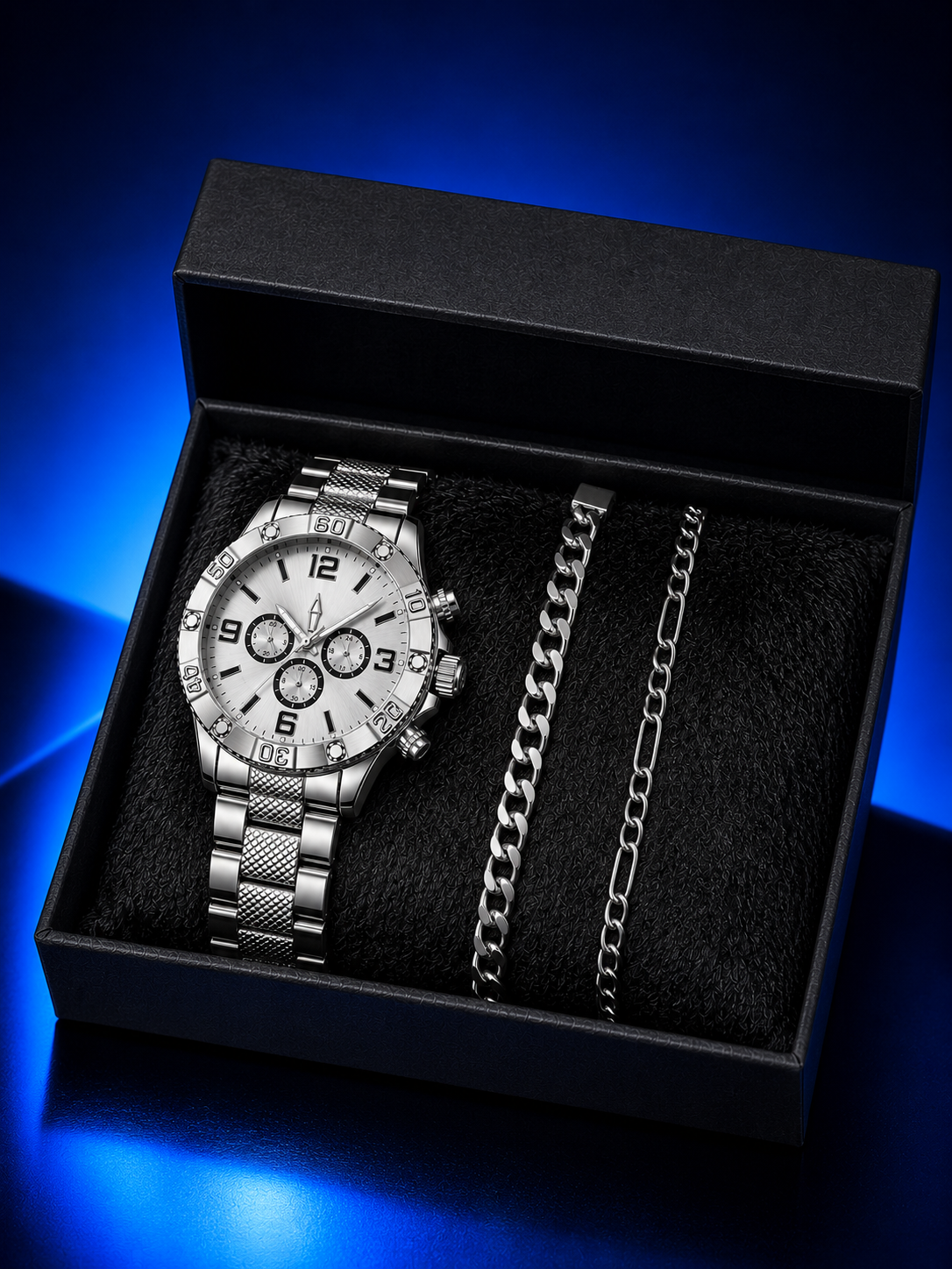 Kit relógio masculino prata na caixa de presente com pulseira e corrente