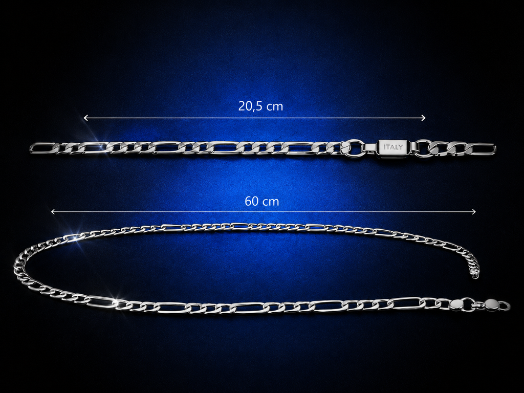 Medidas do kit: pulseira 20,5 cm e corrente 60 cm em metal prateado