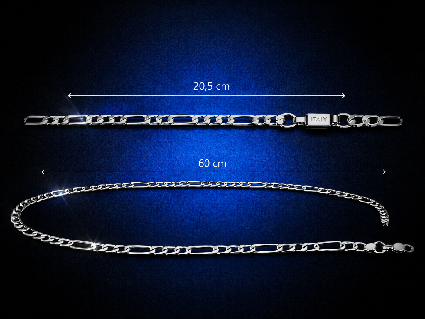 Medidas do kit: pulseira 20,5 cm e corrente 60 cm em metal prateado