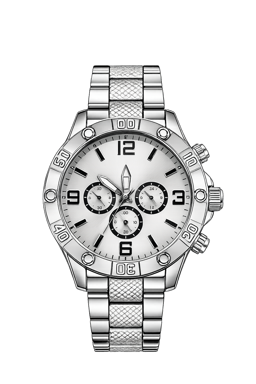Kit relógio masculino prata com relógio, corrente e pulseira em fundo branco