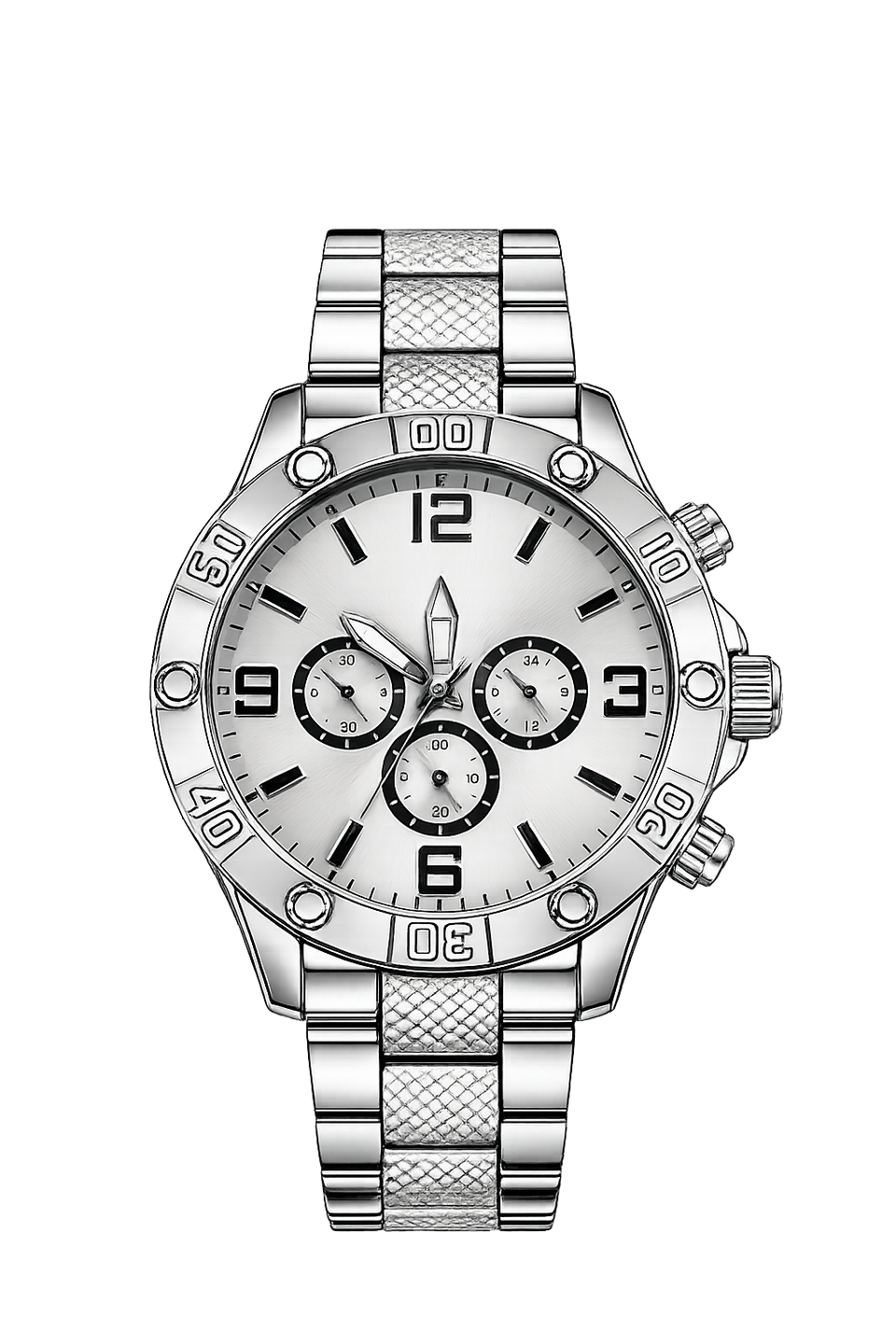 Kit relógio masculino prata com relógio, corrente e pulseira em fundo branco