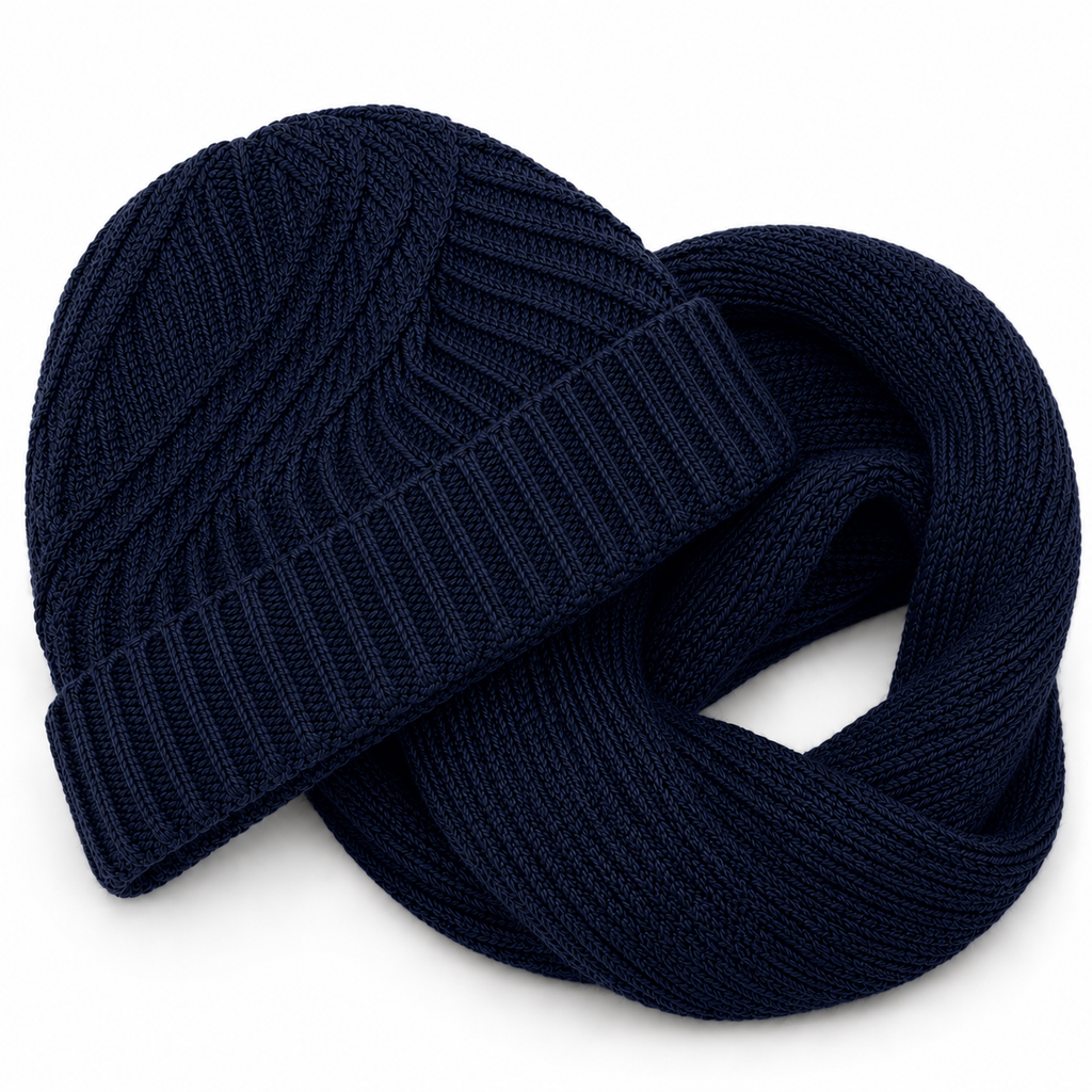 Kit touca gorro sem pompom e cachecol gola de tricô canelado azul marinho